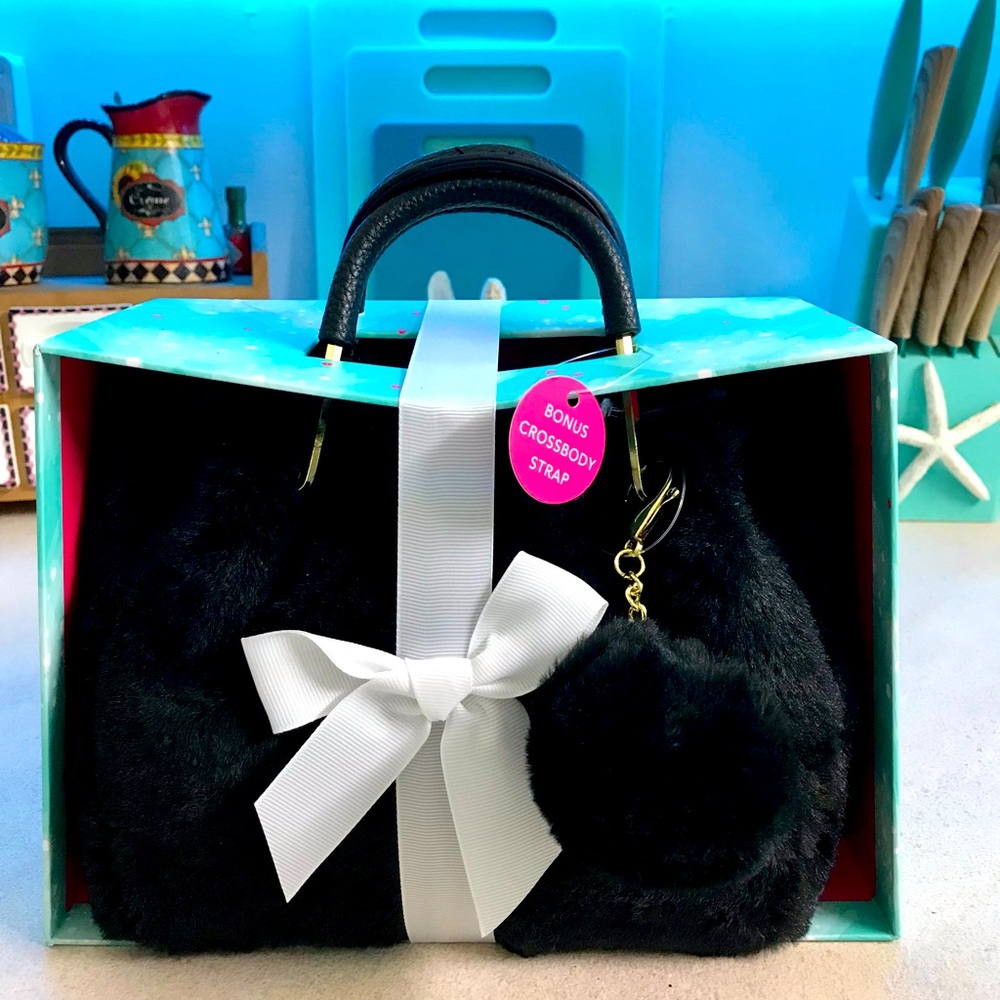 Isaac Mizrahi Faux Fur Purse; handles or crossbody strap, with pom-pom keychain